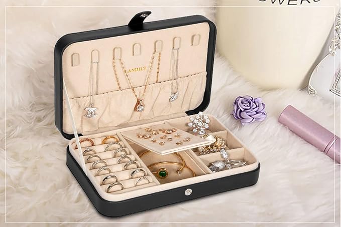 LANDICI Small Jewelry Box for Women Girls, PU Leather Travel Jewelry Case, Portable Jewelry Organizer Storage Holder Display for Ring Earrings Necklace Bracelet Bangle Men Kids Gift, Black