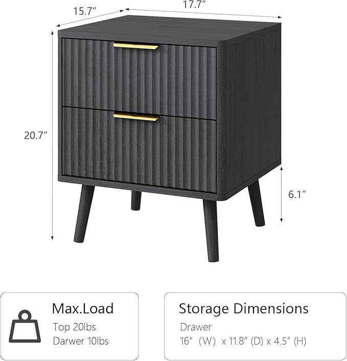CARPETNAL Fluted Nightstand Set of 2, Black Bedside Table with 2 Drawers and Gold Handles, Wood End Table Mid Century Night Stands for Bedroom Living Room