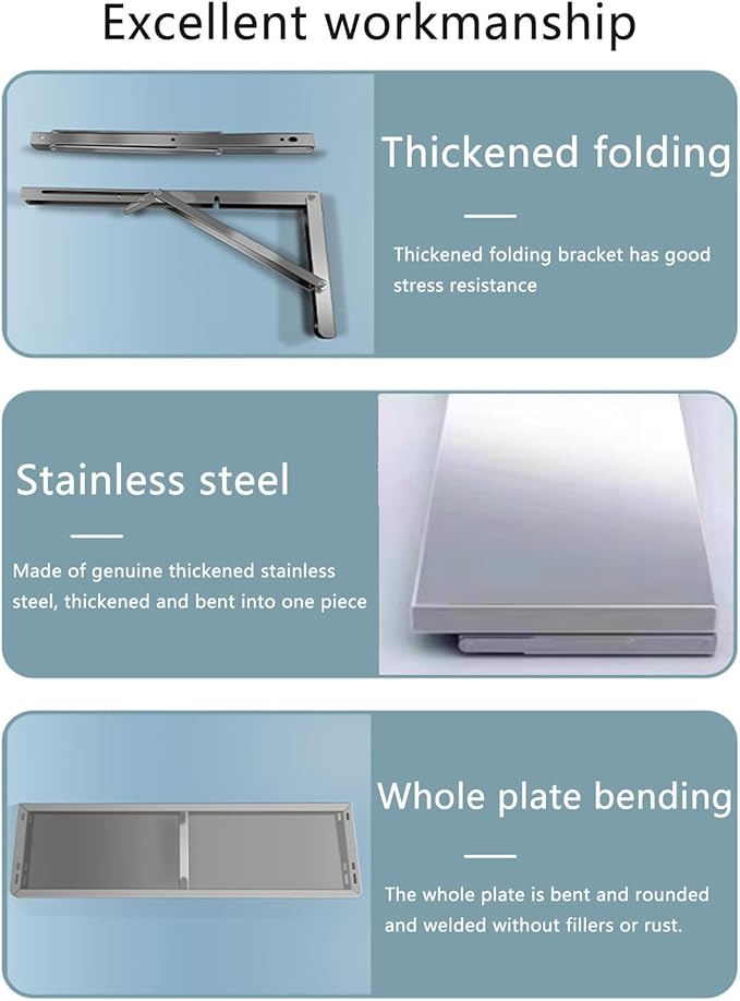 304 stainless steel folding table, wall-mounted folding table, kitchen storage shelf, made of food-grade stainless steel material, suitable for living room, balcony, bathroom, or laundry room.(80*40cm