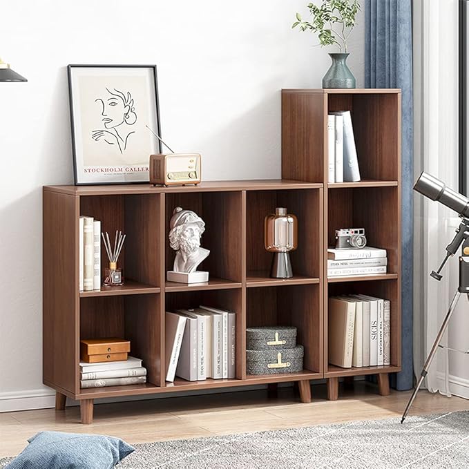 IOTXY Freestanding Open Cubes Bookcase - 2-Tier Floor Standing Wooden Storage Display Cabinet Organizer with Legs for Home Office, 4-Cubes Open Shelf Low Short Bookshelf, Walnut