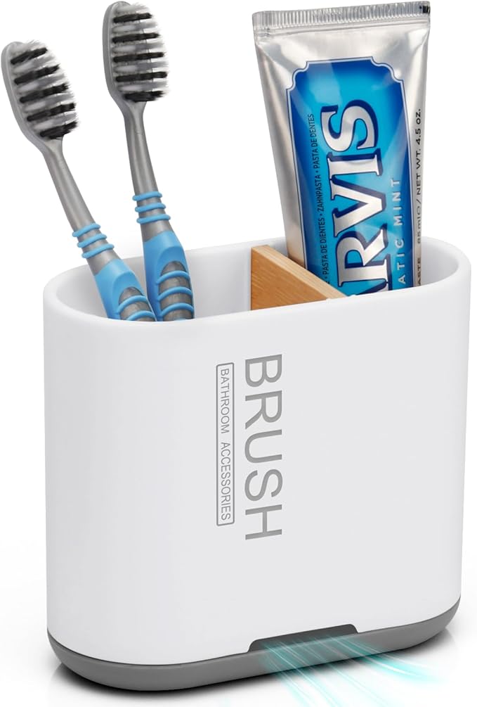 Toothbrush and Toothpaste Holder with Bamboo Divider for Bathroom Countertop Organizer, Detachable for Easy Clean, 2 Slots Electric Toothbrush Holders Storage Caddy Drainage for Family-White