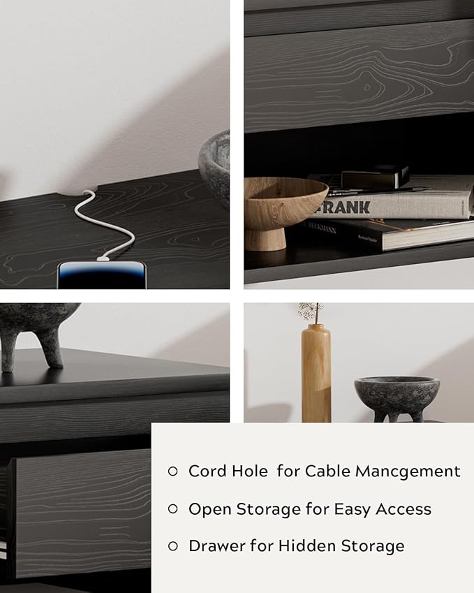 Mid Century Modern Floating Nightstand, Wall Mounted End Table with Drawer and Open Compartment Wooden Bedside Night Stand Small Storage Cabinet for Bedroom, Black