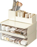 DASITON Makeup Organizer for Vanity with 2 Drawers, Stackable Cosmetic Organizer with Makeup Brush Holder, Plastic Bathroom Organizer Skincare Storage for Brushes, Eyeshadow, Lotions, Lipstick (Cream)