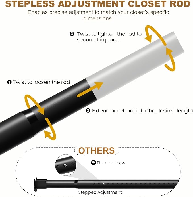 Closet Rods for Hanging Clothes, 16.5 to 74 Inches Adjustable Metal Closet Rod, Heavy Duty Clothes Hanging Rod for Closet Wardrobes Laundry
