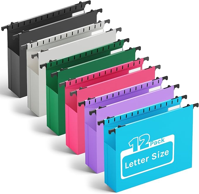 Plastic Hanging File Folder Letter Size,Heavy Duty 2" Expandable File Folder with Tabs,12 Pack Reinforced Expanding Hanging Folder,File Cabinet Folders,Extra Capacity,Hanging Organizer for Home Office