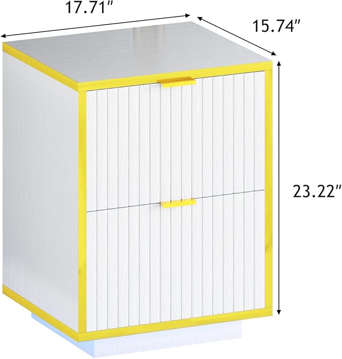 White Nightstand, Fluted End Table with LED Lights, Modern Nightstand with Floating Base, Bedside Table with Storage, End Table with Drawers for Bedroom, White and Gold