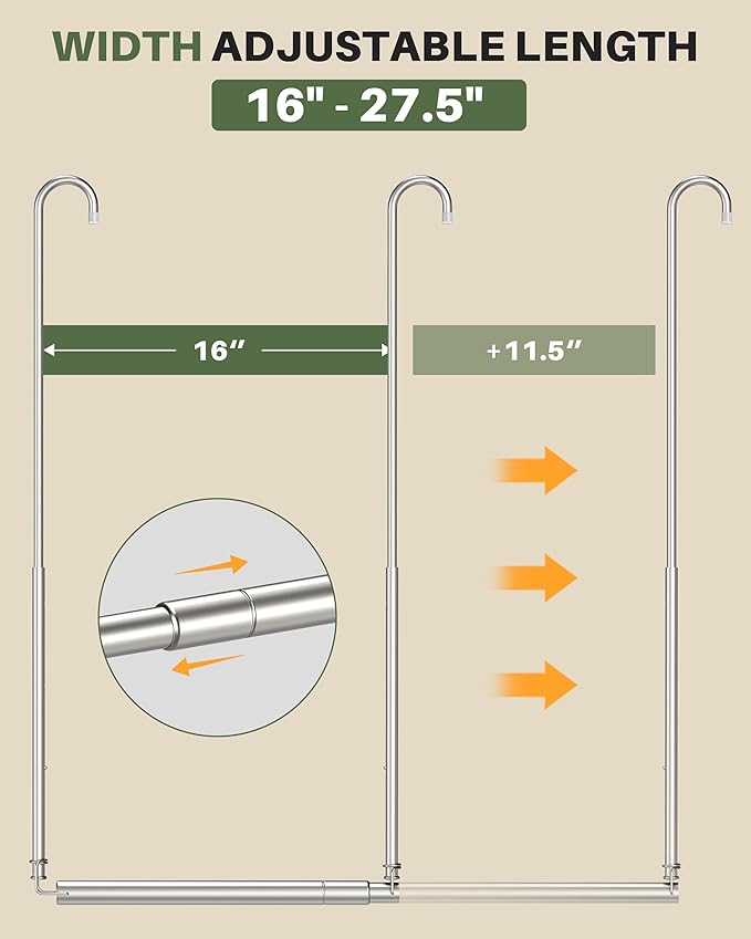 Hanging Closet Rod, Adjustable Height & Width Closet Rods for Hanging Clothes-Closet Extender Hanging Rod Space-Maximizing Design Suitable for Hanging and Drying Clothes, Silver