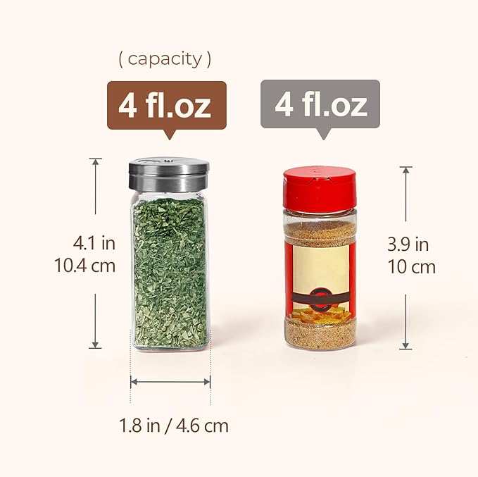 ComSaf Spice Jars with Shaker lids Adjustable, 4oz 24PCS，45 Labels, Comdiment Jars Set, Empty Spice Containers and Square Ingredient Bottles for Kitchen and Seasoning, Bulk Salt and Pepper Shaker Set