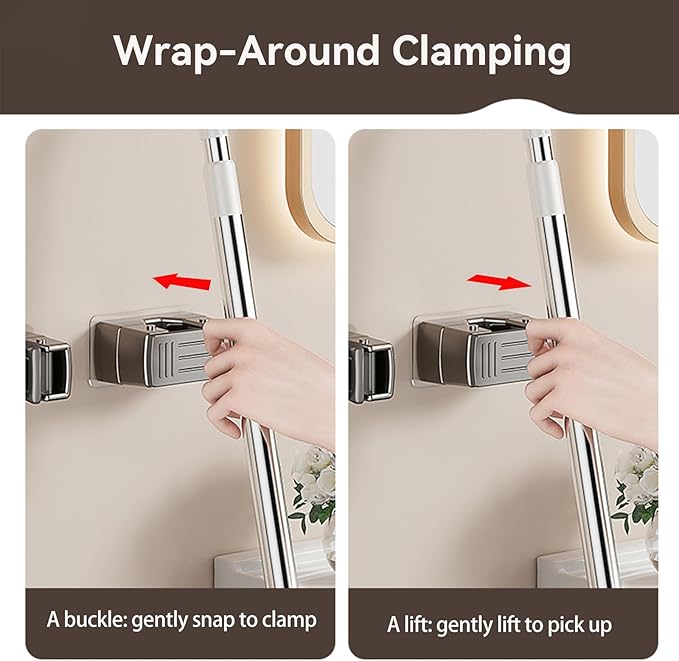 4 Pack Heavy Duty Mop Holder Wall Mount, Strong Adhesive Hanger for Broom Closet Organizer, Space Saving Utility Hooks for Bathroom Kitchen Garage Storage