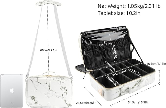 JOURMON Travel Makeup Train Case,Large Capacity Cosmetic Bags for Women,Portable Makeup Bag Organizer with Adjustable Dividers & Shoulder Strap(Marble White, Medium)