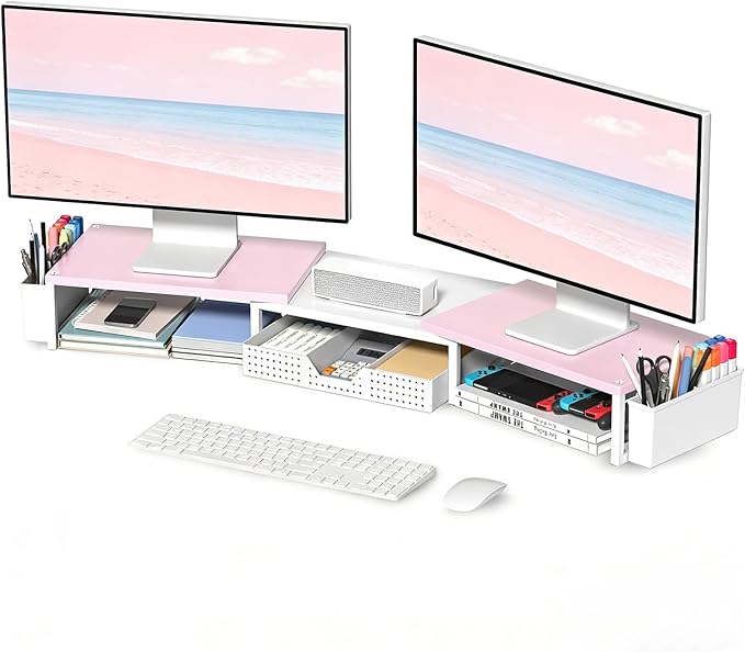 OPNICE Wood Desk Organizers and Accessories, Dual Monitor Stand Riser with Drawer and 2 Pen Holders, Desk Shelf Computer Racks for Office Workspace Organizers, Desktop Organization (Pink＆ White)