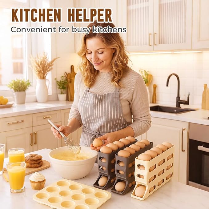 4-Tier Refrigerator Egg Holder, Automatic Gravity-Fed Rolling Egg Dispenser with Easy-Load Design, Space-Saving Fridge Organizer for Up to 30 Eggs, Kitchen & Pantry Storage Container (White) (beige)