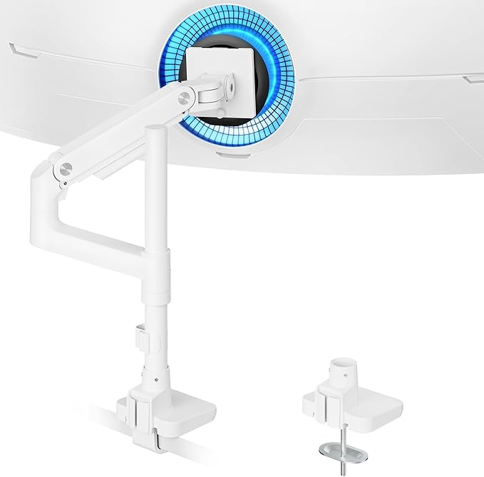 ARES WING Heavy-Duty Monitor Mount for 17-49 inches Ultrawide Curved Flat Monitors Holds 44lbs, with 18" Extended Column for Desk, Adjustable Gas Spring, White