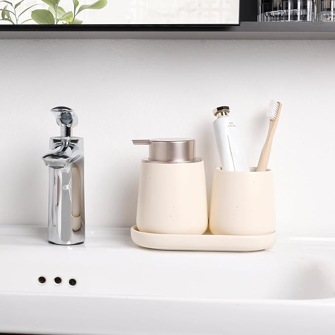 BosilunLife Bathroom Accessories Set 3 pcs - Bathroom Ceramic Foaming Soap Dispenser Set Farmhouse Bathroom Decor, Foam Soap Dispenser and Toothbrush Holder with Tray