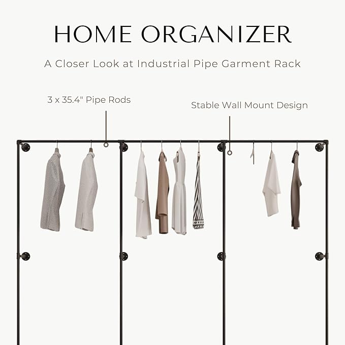Industrial Pipe Clothing Rack, Heavy Duty Wall Mounted Clothes Rack, Retail Display Hanging Garment Rod for Laundry Rooms, Closet Storage 14.6x110x82.7 Inches, Model K07