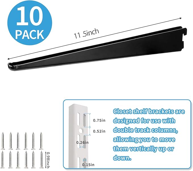 10 Pack 11.5‑Inch Adjustable Wire Shelf Brackets – Heavy‑Duty Double‑Track Closet & Wall Shelving System Supports（Black）