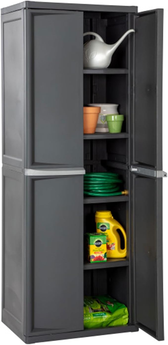 Sterilite 4 Shelf Cabinet, Lockable Utility Storage w/ Adjustable Shelves, Gray - Plastic Shelving Unit for Organizing Garage, Pantry, Basement, Laundry Room or Mudroom