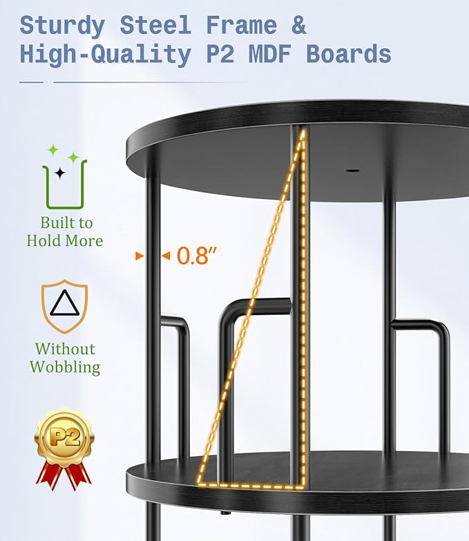 4 Tier Rotating Bookshelf Tower Round Black,50” Floor Standing Spinning Bookshelf Tower Anti-Tipping Design,Metal & Wood Revolving Bookcase Stackable Space Saving for Small Spaces,Study,Living Room