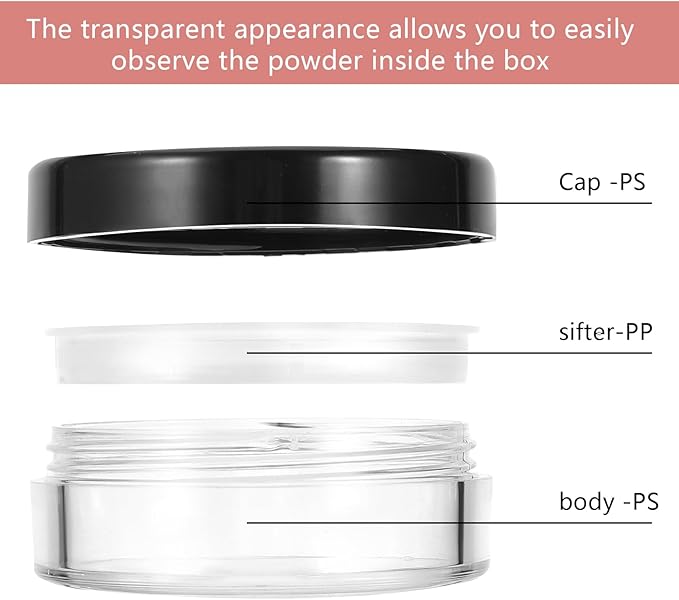 2pcs 10ml/0.34oz Plastic Empty Travel Small Loose Powder Compact Refillable Loose Powder Containers Reusable No Leak Compact with Rotatable Sifter and Black Screw Lid