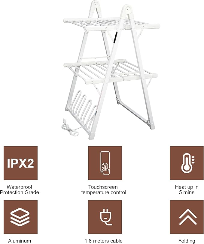 Electric Heated Clothes Drying Rack,Foldable Heated Garment Dryer with Timer Shut-Off Laundry Rack for Clothes Shoes Socks,Aluminum Alloy,White,Plug & Play,(39.37x25.98x23.82in)