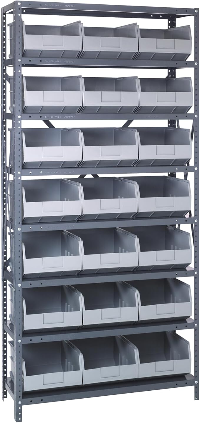 QUANTUM STORAGE SYSTEMS 1875-465GY Solid Heavy Duty 8 Shelves 21 Stackable Shelf Bins Gray Bins 75" H x 36" W x 18" D