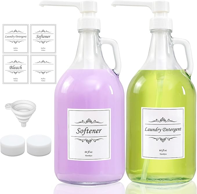 2 Pcs Glass Liquid Laundry Detergent Dispenser with Pump (Upgraded), 64 oz Dispenser for Laundry Room, Half Gallon Glass Jugs with Airtight Lid