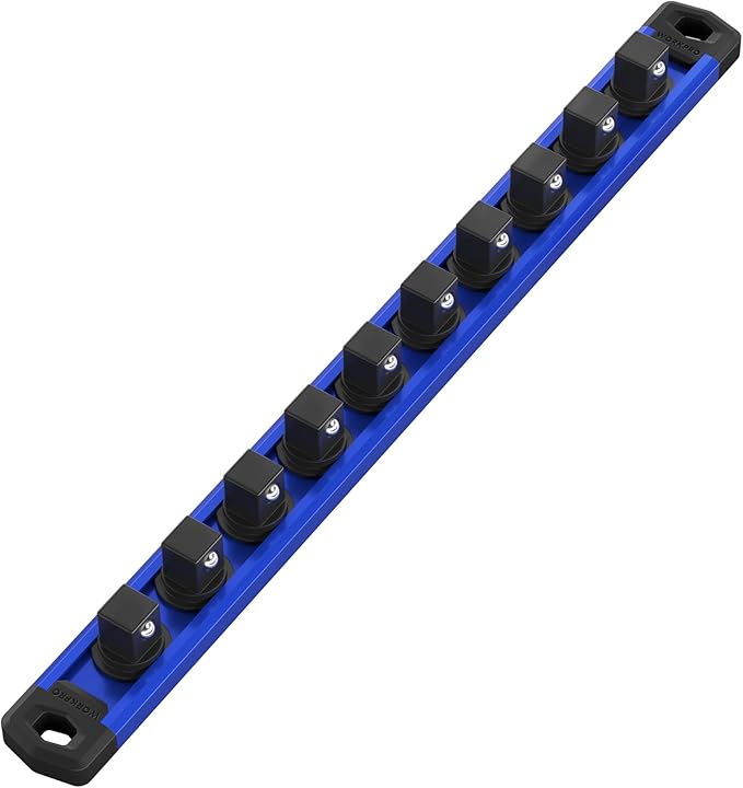 WORKPRO Magnetic Socket Organizer, 1/2-Inch Drive Aluminum Alloy Socket Rail, Heavy Duty Socket Holder, Socket Rack Kit 1/2-Inch x 10 Clips (Blue)