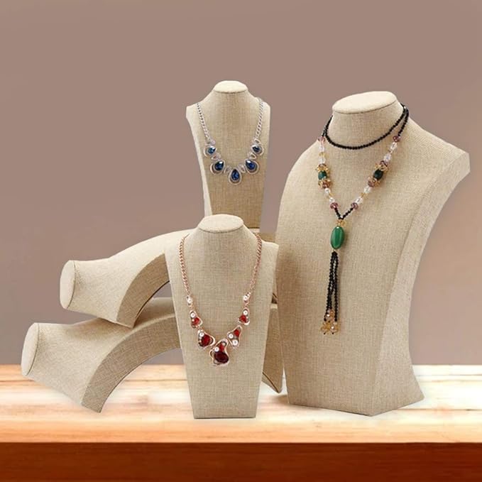 Beige Linen Necklace Display Bust - 11.8" Jewelry Holder for Necklaces, Bracelets, Figure Display Stand (30x17cm)