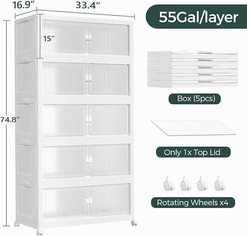 1100QT Extra Large Stackable Storage Bins with Lid, 275Gal Collapsible Closet Organizer Box with Wheels, Folding Plastic Storage Cabinet with Doors for Home Kitchen Office Dorm, 5Pack White