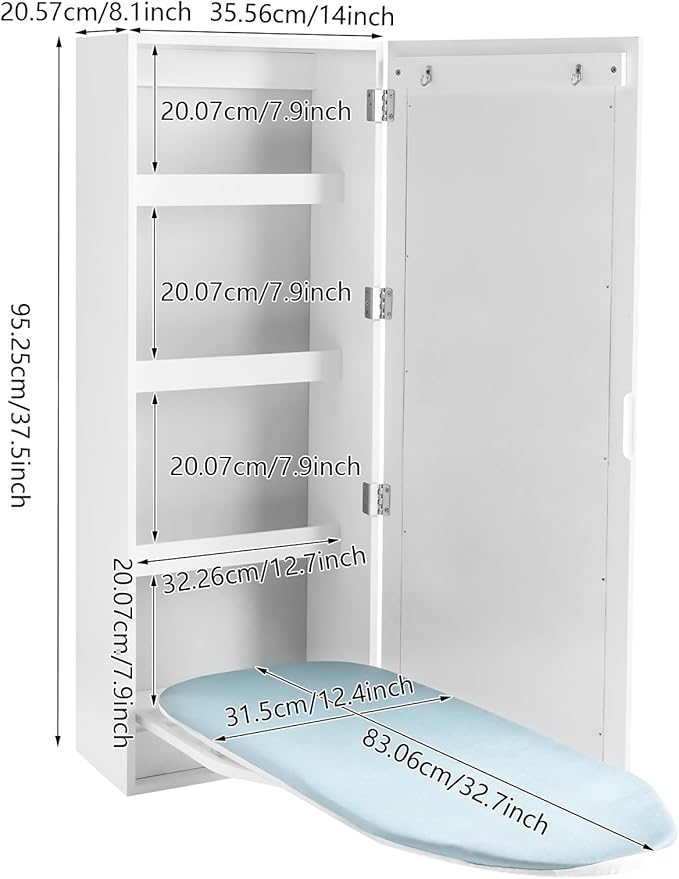 Wall Mounted Ironing Board Cabinet, Swiveling Ironing Board with Storage Cabinet for Bedrooms and Checkrooms 14 x 8.1 x 37.5 Inch White