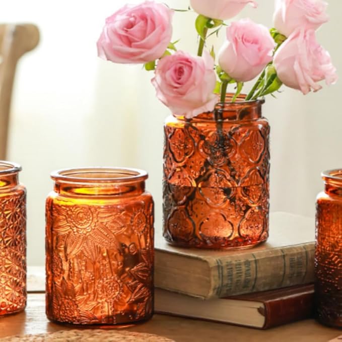 ANSQU Vintage Glass Kitchen Storage Counter Jar, Candy Jars with Lids, Coffee Container for Ground Coffee, Mason Jar Hold Coffee Beans, Tea, Sugar, Bath Salts & More, 23.7 FL OZ (Light Brown, 1Pack)