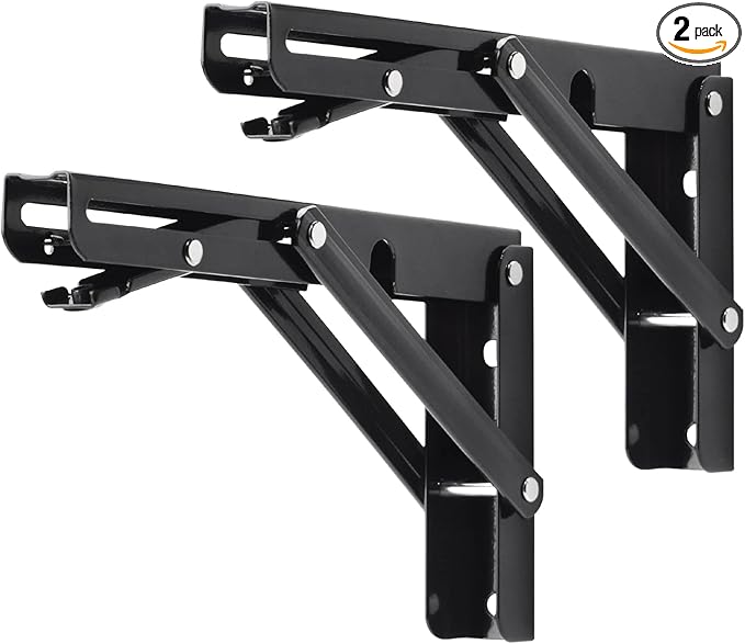 YUMORE Folding Shelf Brackets, 8 Inch Heavy Duty Collapsible Shelf Bracket, Black DIY L Bracket for Workbench Folding Table Hinge, Max Load: 300lb, 2 Pack
