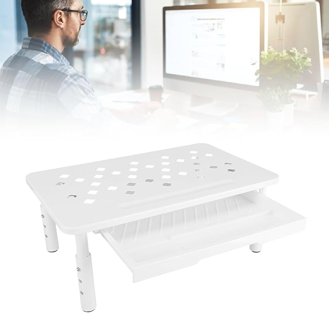 Desk Computer Riser, Monitor Stand Riser with Drawer, 3 Height Adjustable, Metal Laptop Stand, Computer Storage Shelf for PC, Desktop, Laptop, Printer, 20KG Bearing (White)