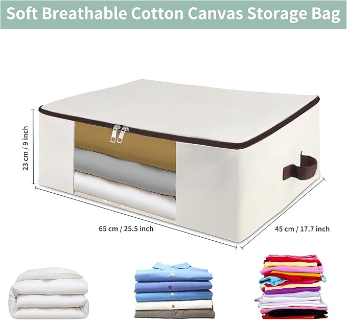 Iwill CREATE PRO 25.5"x17.7"x9" Storage Bag with Clear Window - Foldable Canvas Clothes Organizer for Winter Coats, Blankets, Pillows - Triple-Zip Lockable Design & Handles - Beige (1-Pack)