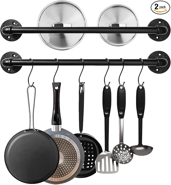Industrial Pipe Pot Pan Rack 21" (2 Pack), Wall mount Pot hangers Pan Hanging Rail Lid Hanger for kitchen with 10 S Hooks