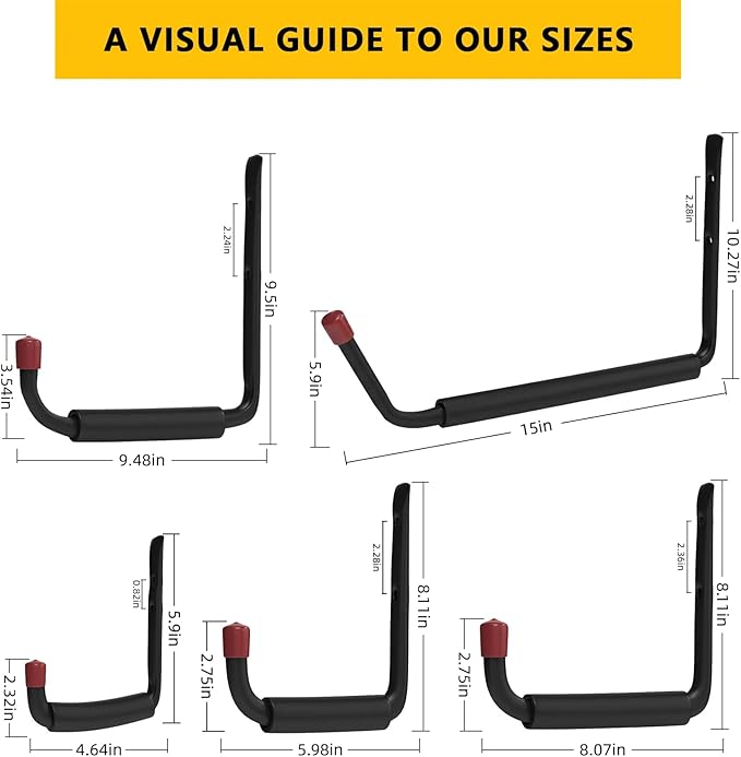 6 Pack Garage Hooks Heavy Duty with EVA Pads and Rubber End Caps, 15inch Steel Kayak Storage Hooks for Hanging Bikes, Ladders, Folding Chairs and Garden Tools