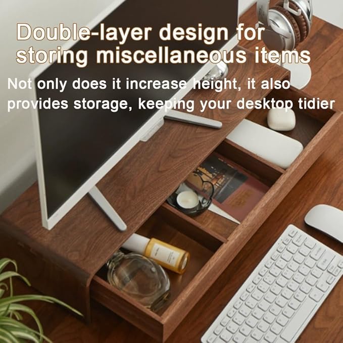 Solid Wood Monitor Stand for Saving Space, Monitor Riser with Storage, 2 Tier Computer Stand with Drawer, Multifunctional Desk Organizer for Home, Office(70cm-27.6in)