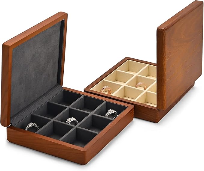 Oirlv Solid Wood Ring Jewelry Box Organizer Earrings Jewelry Drawer Organizer Tray with Lid (Creamy-white 9 Grid Box)