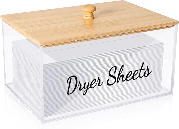JYPS Clear Acrylic Dryer Sheet Holder with Bamboo Lid & Labels, Fabric Softener Dispenser for Laundry Room Organization Decor, Bathroom Storage Container Box, for Scent Booster,Powder,Pods