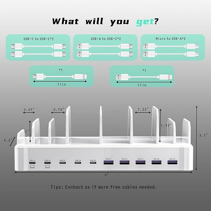 320W Charging Station for Multiple Devices, Zobirez 10-Port USB C Fast Charger Stations for MacBook, iPhone, Android Cell Phone, iPad, Tablet, Family Multi-Device Organizer Charging Dock, White