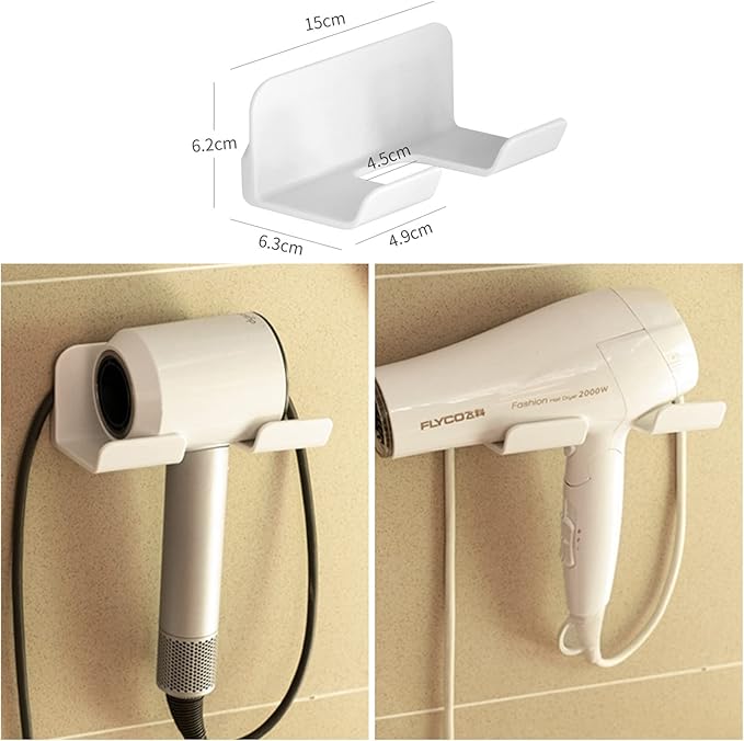 Universal Hair Dryer Holder, Self Adhesive Wall Mount Stand for Most Brand/Size Hair Blow Dryer Hair Dryer Organizer Rack with Plug&Wire Hook for Bathroom