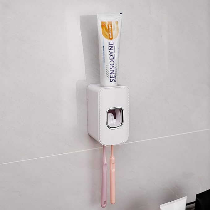 2 Slot Toothbrush Holder and Toothpaste Dispenser Wall Mounted, Automatic Toothpaste Squeezer, 2 in 1 Tooth Brush Toothpaste Organizer for Shower (White 2Pack)