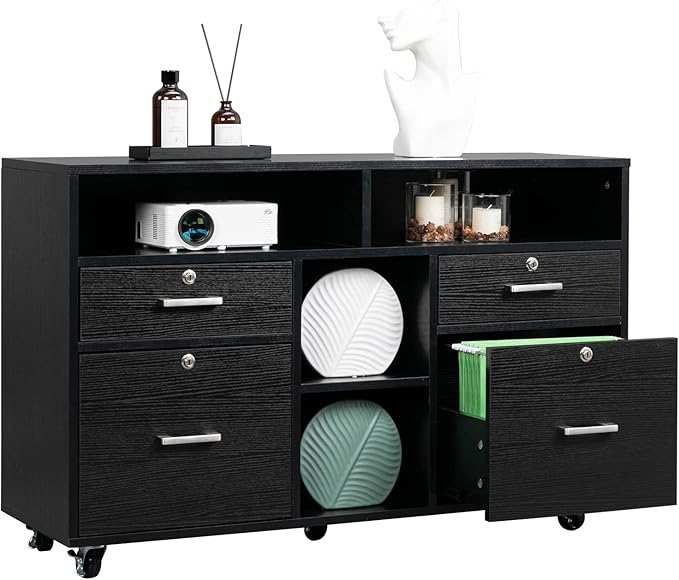 VINGLI Wood Mobile File Cabinet with 4 Drawers and Shelves, Printer Stand with Open Storage, Locking Lateral Filing Cabinet for Home Office, Black