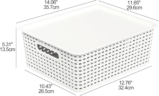 Hespama 6-Pack Plastic Weave Storage Basket with Lid, Stackable Organizer Basket, White
