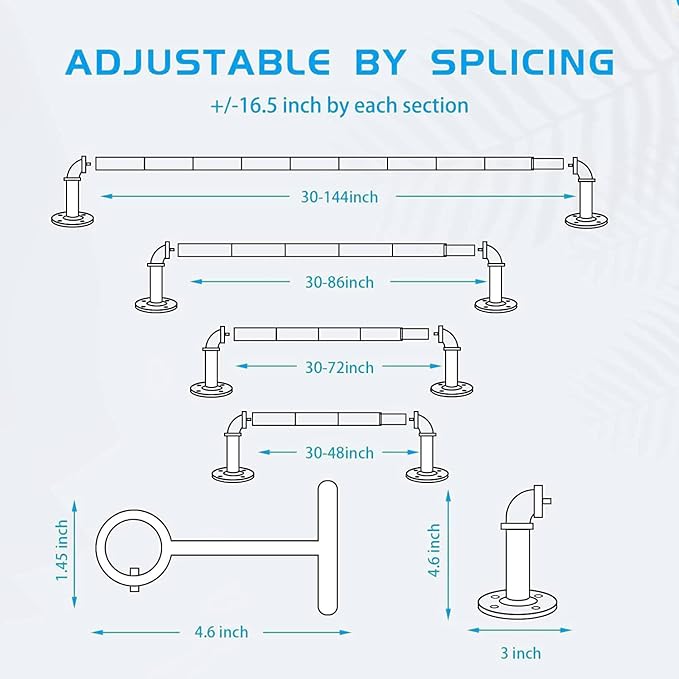 Industrial Curtain Rod Set with Brackets, 1 inch, 32-120, Grey, Rustic, Outdoor, Hanging