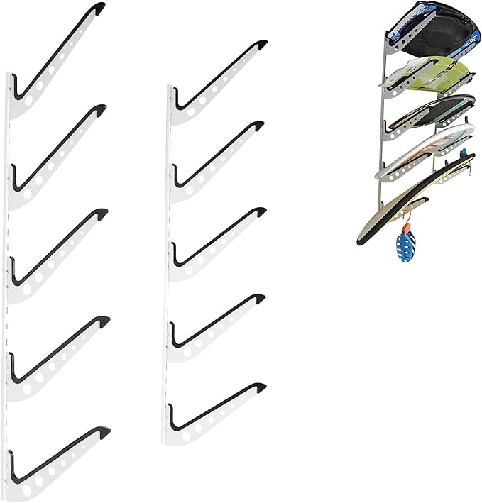 5 Board Surf Rack Wall Mount for Surfboard, Wakeboard, Snowboard Storage Adjustable Wall Hangers Boards Display