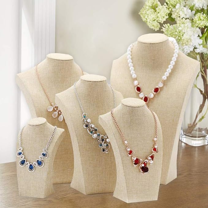 Beige Linen Necklace Display Bust - 11.8" Jewelry Holder for Necklaces, Bracelets, Figure Display Stand (30x17cm)
