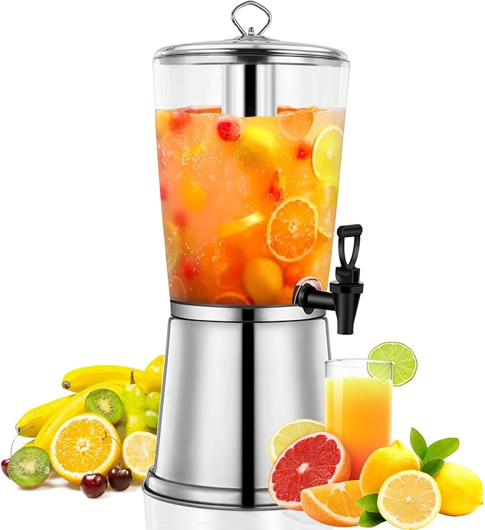 2 Gallons Beverage Dispenser With Stand, Drink Dispensers for Parties, Stainless Steel Juice Dispensers with Ice Tube and Spigot, Punch Dispenser For Parties