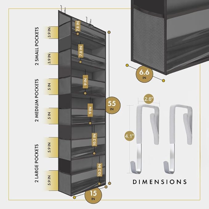 HOMELUX THEORY Over The Door Organizer Hanging - 50lbs Load 6 Large Front & 12 Side Pockets, 2 Pack Over The Door Shoe Organizer, Hanging Closet Organizer For Toys, Diaper, Purse, Sewing (Dark Gray)