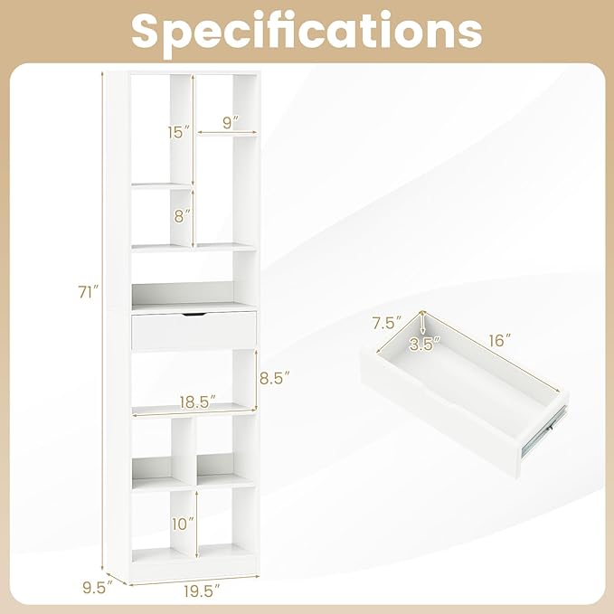 Giantex 71" Bookcase with Drawer Set of 2, Tall Freestanding Bookshelf with 10 Open Cubes, Floor Display Shelving Unit, Modern Storage Organizer for Living Room, Bedroom, Study, White